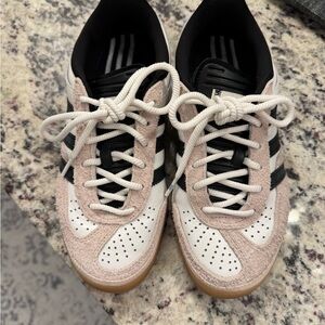 Adidas Pink and White Trainers with Black Stripes